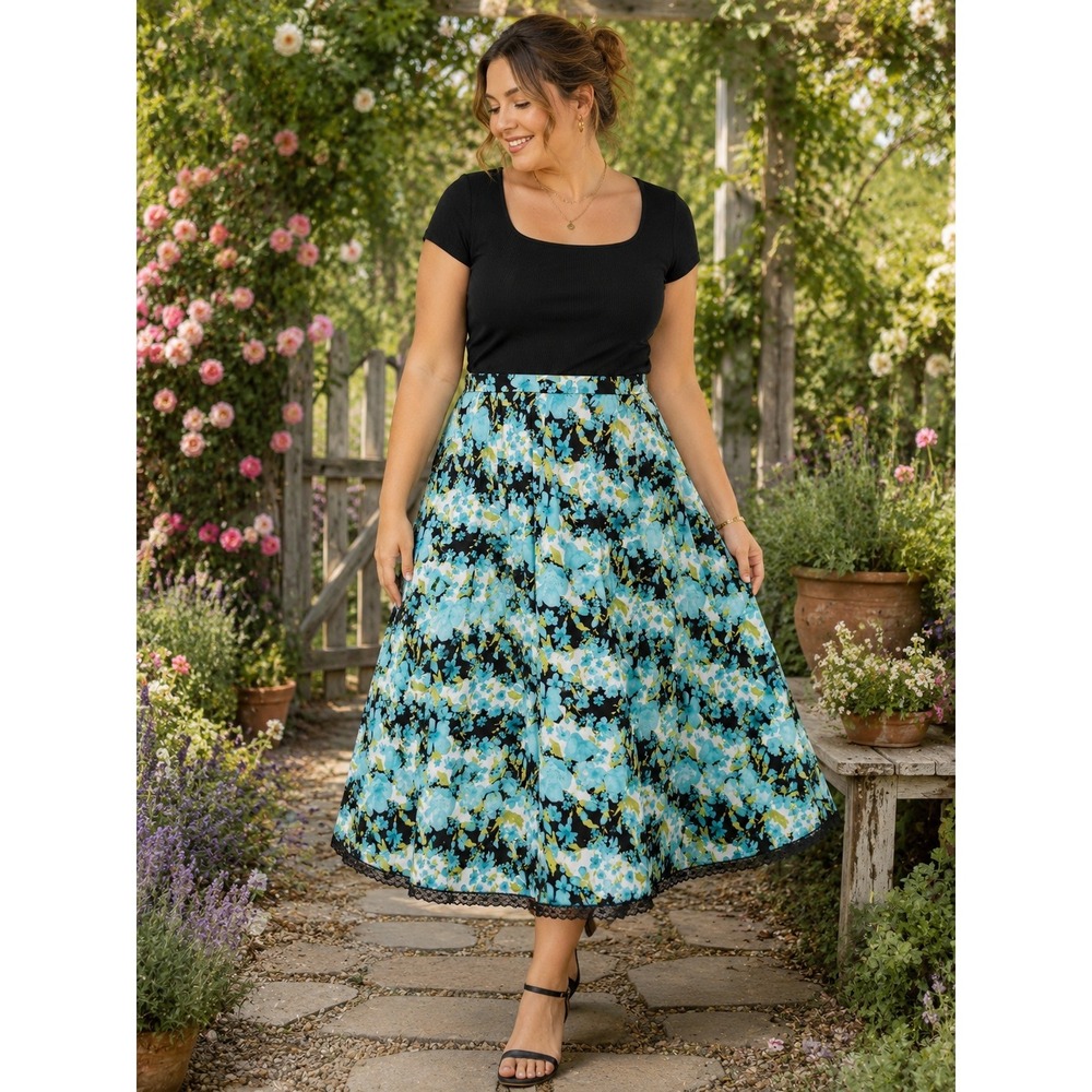 457. Chic Cottagecore Blue Floral Lace Trim A-Line Midi Skirt Size 14